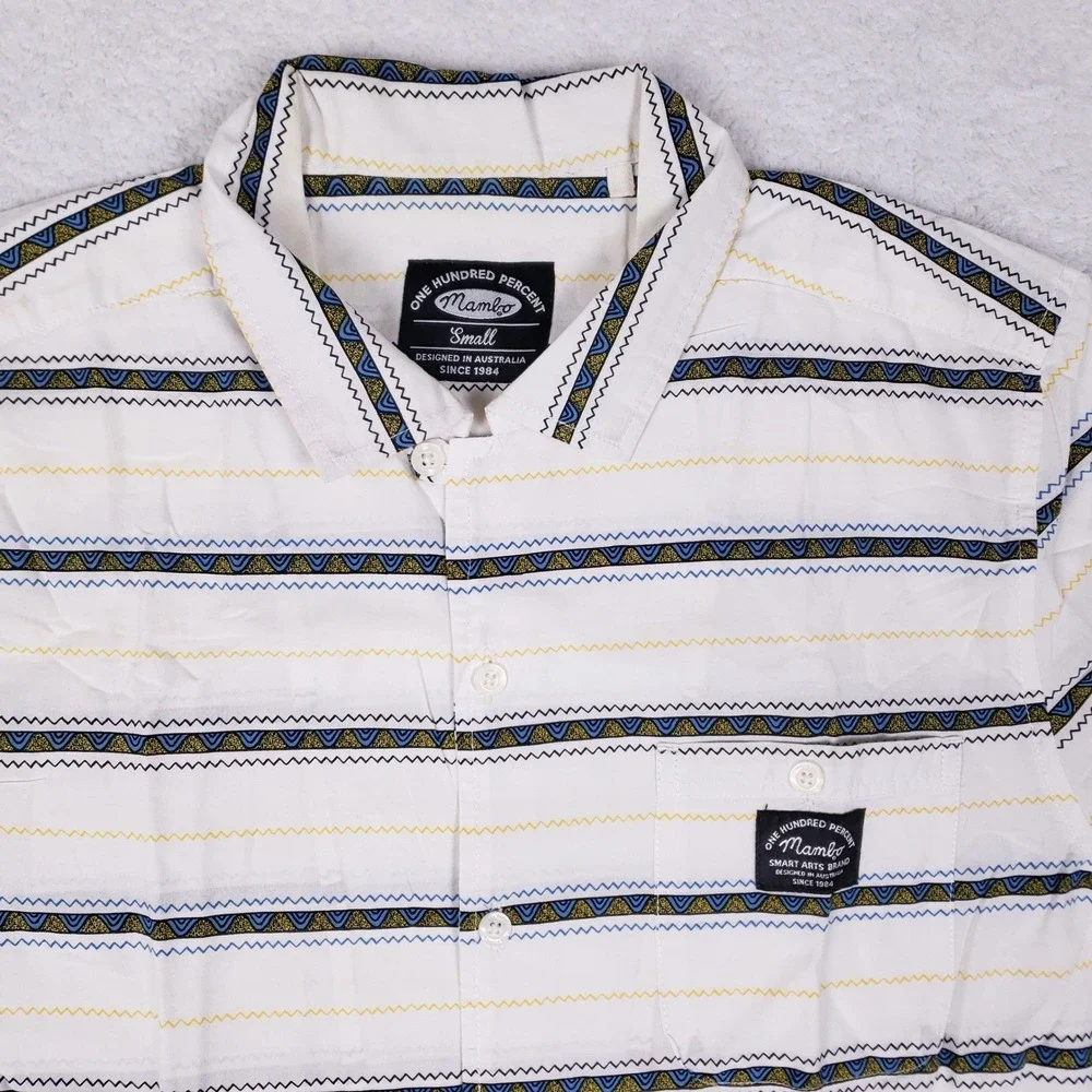 Mambo Shirt Mens S Short Sleeve Button Down White Tribal Geometric Surf Beach